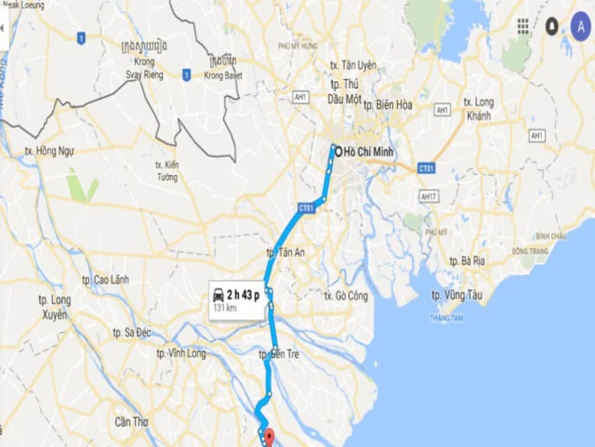 Bản đồ tuyến đường di chuyển đến Trà Vinh từ thành phố Hồ Chí Minh.